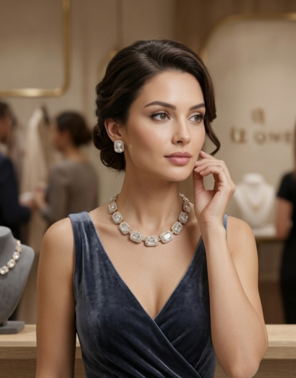 Luxury American Diamond Necklace Set with Statement Rectangular Design