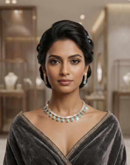 Elegant American Diamond Choker Necklace Set with Teal Stone Accents