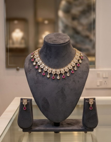 Royal Kundan Necklace Set with Pink Stone Drops and Matching Earrings